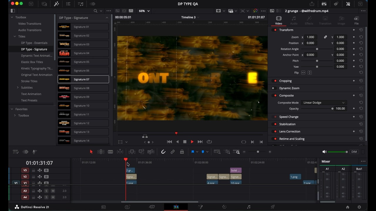 Los parámetros de un título abiertos en el Inspector de DaVinci Resolve